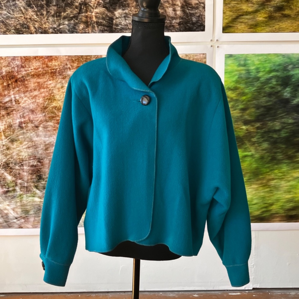 Turquoise Wool sleeved cape jacket - Picture 3 of 13